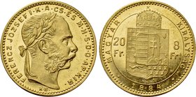 HUNGARY. Franz Joseph I (1848-1916). GOLD 8 Forint 20 Francs (1884 KB). Kremnitz.