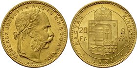 HUNGARY. Franz Joseph I (1848-1916). GOLD 8 Forint 20 Francs (1886 KB). Kremnitz.