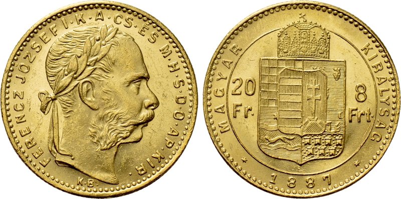 HUNGARY. Franz Joseph I (1848-1916). GOLD 8 Forint 20 Francs (1887 KB). Kremnitz...
