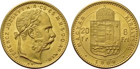 HUNGARY. Franz Joseph I (1848-1916). GOLD 8 Forint 20 Francs (1889 KB). Kremnitz.