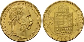 HUNGARY. Franz Joseph I (1848-1916). GOLD 8 Forint 20 Francs (1890 KB). Kremnitz.
