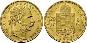 HUNGARY. Franz Joseph I (1848-1916). GOLD 8 Forint 20 Francs (1890 KB). Kremnitz.