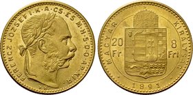 HUNGARY. Franz Joseph I (1848-1916). GOLD 8 Forint 20 Francs (1891 KB). Kremnitz.