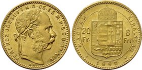HUNGARY. Franz Joseph I (1848-1916). GOLD 8 Forint 20 Francs (1892 KB). Kremnitz.