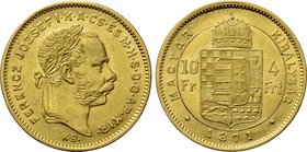 HUNGARY. Franz Joseph I (1848-1916). GOLD 4 Forint 10 Francs (1871 KB). Kremnitz.