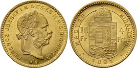 HUNGARY. Franz Joseph I (1848-1916). GOLD 4 Forint 10 Francs (1881 KB). Kremnitz.