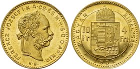 HUNGARY. Franz Joseph I (1848-1916). GOLD 4 Forint 10 Francs (1882 KB). Kremnitz.