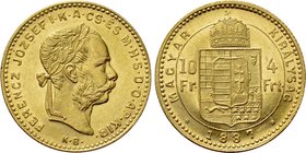 HUNGARY. Franz Joseph I (1848-1916). GOLD 4 Forint 10 Francs (1887 KB). Kremnitz.
