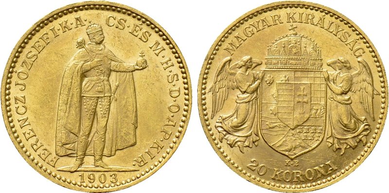 HUNGARY. Franz Joseph I (1848-1916). GOLD 20 Corona (1903 KB). Kremnitz. 

Obv...