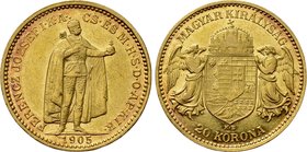 HUNGARY. Franz Joseph I (1848-1916). GOLD 20 Corona (1905 KB). Kremnitz.