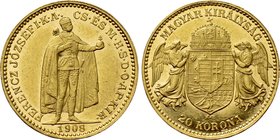 HUNGARY. Franz Joseph I (1848-1916). GOLD 20 Corona (1908 KB). Kremnitz.
