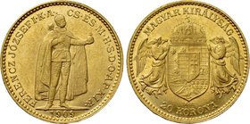 HUNGARY. Franz Joseph I (1848-1916). GOLD 20 Corona (1909 KB). Kremnitz.