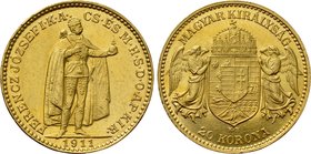 HUNGARY. Franz Joseph I (1848-1916). GOLD 20 Corona (1911 KB). Kremnitz.