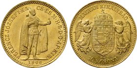 HUNGARY. Franz Joseph I (1848-1916). GOLD 10 Corona (1906 KB). Kremnitz.