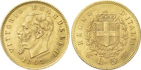ITALY. Kingdom. Vittorio Emanuele II (1859-1878). GOLD 5 Lira (1863). Turin.