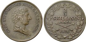 SWEDEN. Charles XIV John (1818-1844). COPPER. 2/3 Skilling (1836).