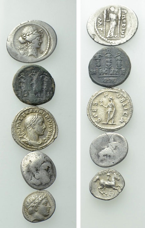 5 Greek and Roman Coins. 

Obv: .
Rev: .

.

Some with dealers tickets. ...
