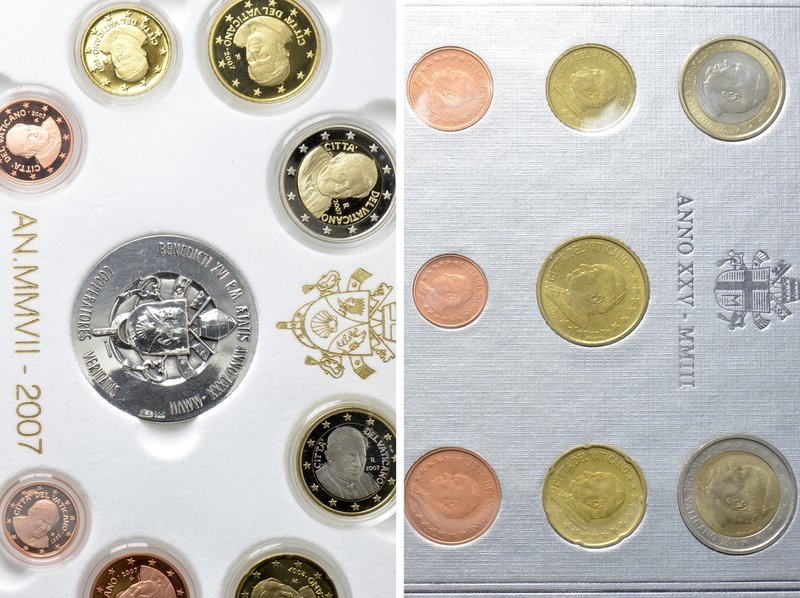 3 Euro Coin Sets of Vatican City (Proof Set 2007; 2 Euro "80° Genetliaco di Bene...