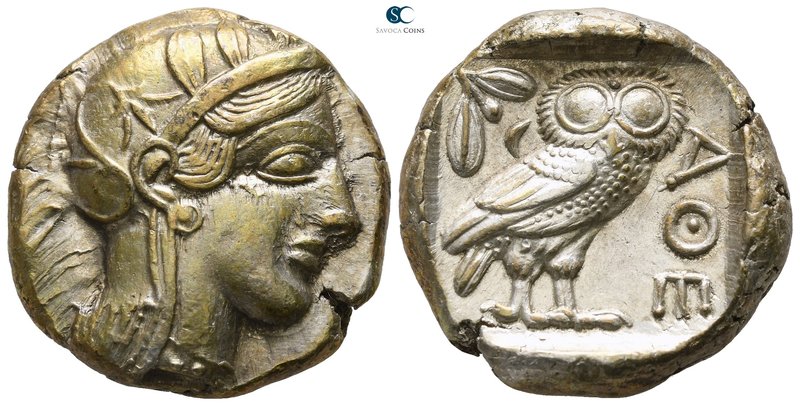 Attica. Athens 454-404 BC. 
Tetradrachm AR

24mm., 17,25g.

Head of Athena ...