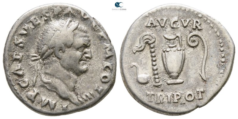 Vespasian AD 69-79. Rome
Denarius AR

18mm., 3,35g.

IMP CAES VESP AVG P M ...