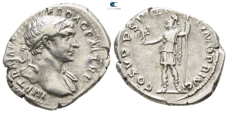 Trajan AD 98-117. Struck AD 103-111. Rome
Denarius AR

19mm., 3,42g.

IMP T...