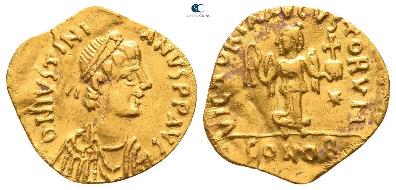 Justinian I AD 527-565. Constantinople
Tremissis AV

14mm., 1,07g.

O N IVS...