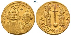 Constans II, with Constantine IV, Heraclius, and Tiberius AD 641-668. Constantinople. 1st officina. Solidus AV