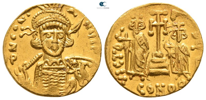 Constantine IV, with Heraclius and Tiberius AD 668-685. Struck circa AD 674-681....