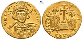 Constantine IV, with Heraclius and Tiberius AD 668-685. Struck circa AD 674-681. Constantinople. 5th officina (?). Solidus AV