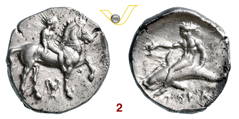 CALABRIA - Tarentum (380-340 a.C.) Statere. D/ Efebo a cavallo R/ Taras su delfi...