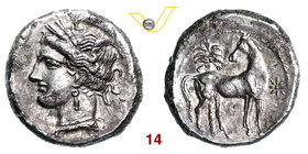 ZEUGITANIA - CARTAGINE (300 a.C. circa) Shekel. D/ Testa di Core R/ Cavallo retrospicente; sullo sfondo una palma e a d. una stella. Viola 166a Ag g 6...
