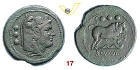 ANONIME (217-215 a.C.) Quadrante. D/ Testa di Ercole con pelle di cinghiale R/ Toro e sotto un serpente. Cr. 39/2 Ae g 40,06 Rara q.SPL