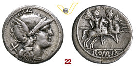 ANONIME (dopo il 211 a.C.) Denario. Syd. 140 Cr. 54/1 A.V. 29 Ag g 3,60 Rara BB