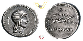 CALPURNIA - L. Calpurnius Piso Frugi (90 a.C.) Denario. B. 11 Syd. 663/671 Cr. 340/1 A.V. 144 Ag g 3,99 • Bella patina BB÷SPL