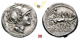 CLAUDIA - Ap. Claudius Pulcher, T. Manlius Mancinus e Q. Urbinius (111-110 a.C.) Denario. B. 2 Syd. 570a Cr. 299/1a A.V. 184 Ag g 3,91 SPL
