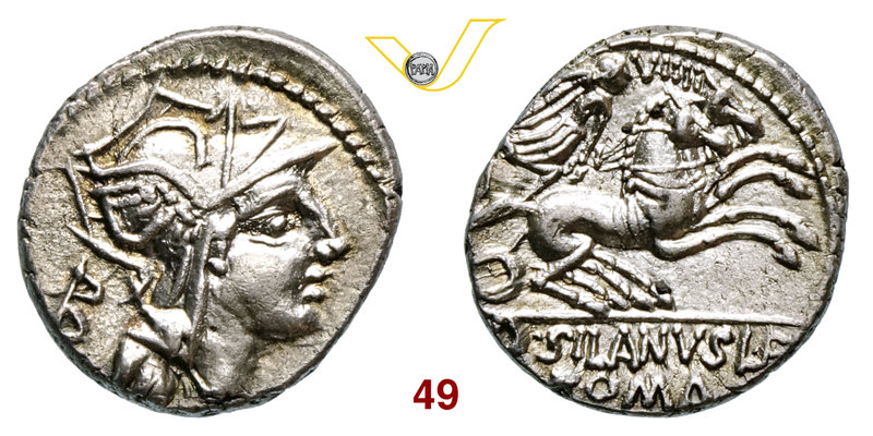 JUNIA - D. Junius Silanus L.f. (91 a.C.) Denario. B. 15 Syd. 646 Cr. 337/3 A.V. ...