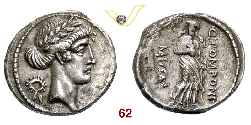 POMPONIA - Q. Pomponius Musa (66 a.C.) Denario. B. 15 Syd. 817 Cr. 410/10a A.V. ...