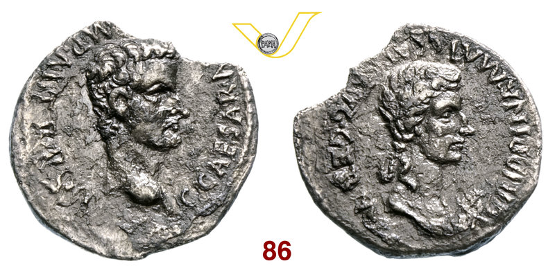 CALIGOLA (37-41) Denario. D/ Testa di Caligola R/ Busto drappeggiato di Agrippin...