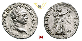 VESPASIANO (69-79) Denario, Efeso. D/ Testa laureata R/ La Vittoria con ghirlanda e ramo di palma. RIC 1431 Ag g 3,52 SPL