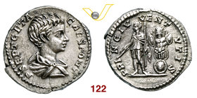 GETA, Cesare (198-209) Denario. D/ Busto drappeggiato e corazzato R/ Geta, con bastone e scettro, accanto ad un trofeo. SPL+
