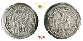 AQUILEIA - PIETRO GERRA (1299-1301) Denaro. D/ Il Patriarca seduto con lunga croce e libro R/ Aquila ad ali spiegate. Bernardi 33 Ag g 1,06 Rara BB