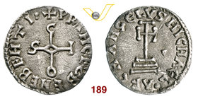 BENEVENTO - SICONE, Principe (817-832) Denaro. D/ Monogramma di Sicone R/ Croce potenziata su gradini. MEC 1107 MIR 211 Ag g 1,16 Rara • Ex Ranieri 9,...