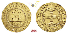 GENOVA - DOGI BIENNALI, II fase (1541-1627) Da 2 Doppie o Quadrupla, 1624 sigle GF. D/ Castello R/ Croce fogliata. MIR 203/25 Au g 13,37 SPL