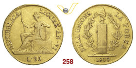 GENOVA - REPUBBLICA LIGURE (1798-1805) 96 Lire 1803 A. VI. MIR 375/3 Au g 25,06 Rara q.BB