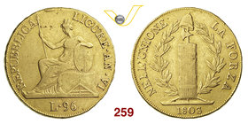GENOVA - REPUBBLICA LIGURE (1798-1805) 96 Lire 1803 A. VI. MIR 375/3 Au g 25,07 Rara MB