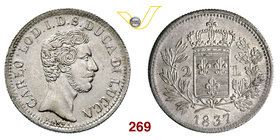 LUCCA - CARLO LUDOVICO DI BORBONE (1824-1847) 2 Lire 1837. Pag. 261 Ag g 9,38 Rara SPL/q.FDC