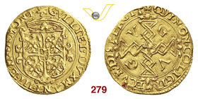MANTOVA - GUGLIELMO GONZAGA (1550-1587) Scudo d'oro del Sole. D/ Stemma coronato R/ Croce ornata e G V G V nei quarti. MIR 505 Au g 3,28 Rara SPL
