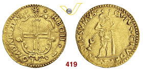 REGGIO EMILIA - ERCOLE II D'ESTE (1534-1559) Scudo d'oro del Sole. D/ Stemma R/ Cristo stante, appoggiato alla croce; a sin. il calice che raccoglie i...