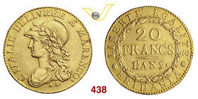 TORINO - REPUBBLICA SUBALPINA (1800-1802) 20 Franchi An. 9 (1800-1801) Pag. 3 Au g 6,36 Rara • Restauro al bordo MB/BB