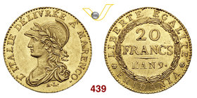 TORINO - REPUBBLICA SUBALPINA (1800-1802) 20 Franchi An. 9 (1800-1801) Pag. 3 Au g 6,42 Rara • Fondi speculari SPL